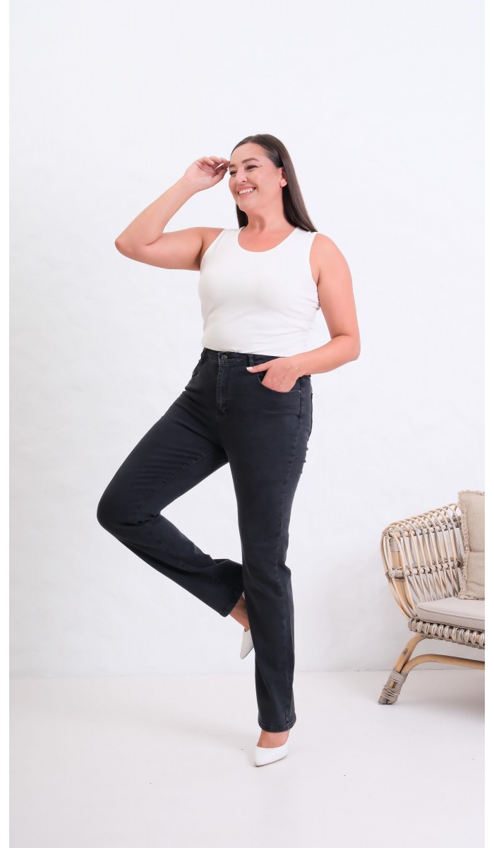 Yüksek Bel Yarım Boru Paça Battal Kesim Füme Jean Pantolon