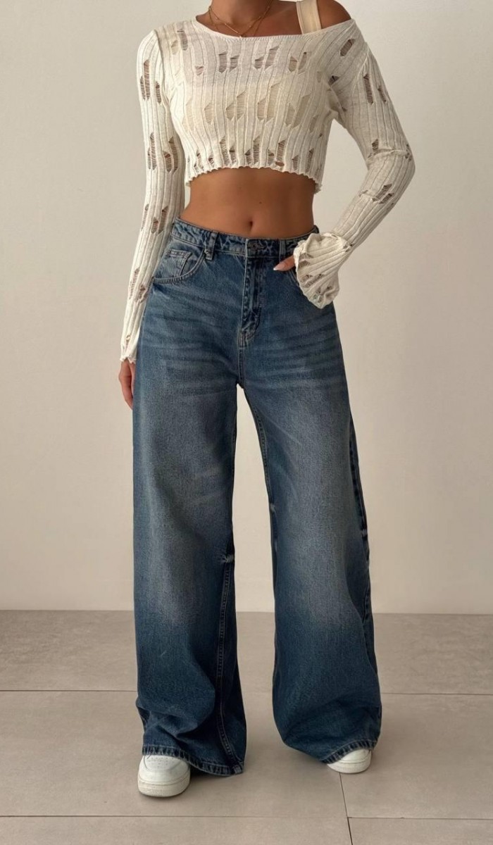 Yüksek Bel Bol Paça Blue Tint Wide Leg Jean Pantolon