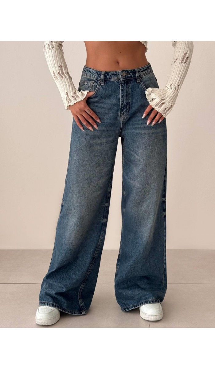 Yüksek Bel Bol Paça Blue Tint Wide Leg Jean Pantolon