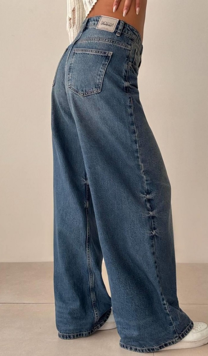 Yüksek Bel Bol Paça Blue Tint Wide Leg Jean Pantolon