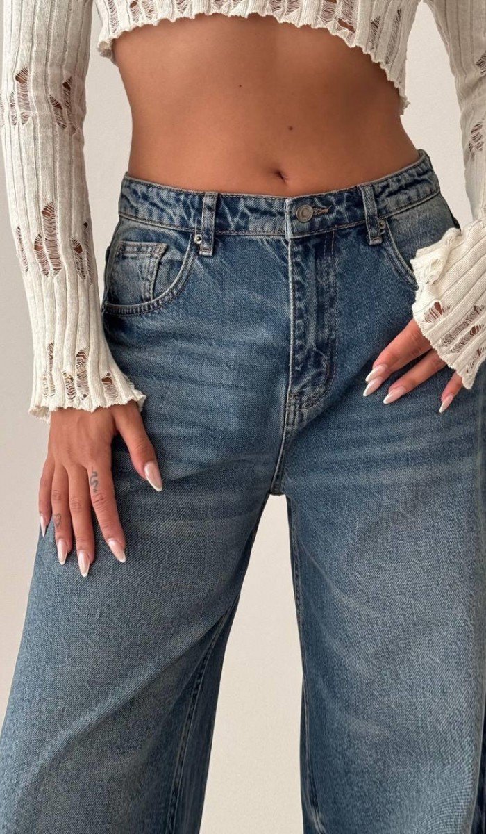 Yüksek Bel Bol Paça Blue Tint Wide Leg Jean Pantolon