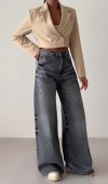 Yüksek Bel Bol Kesim Koyu Gri Wide Leg Jean Pantolon