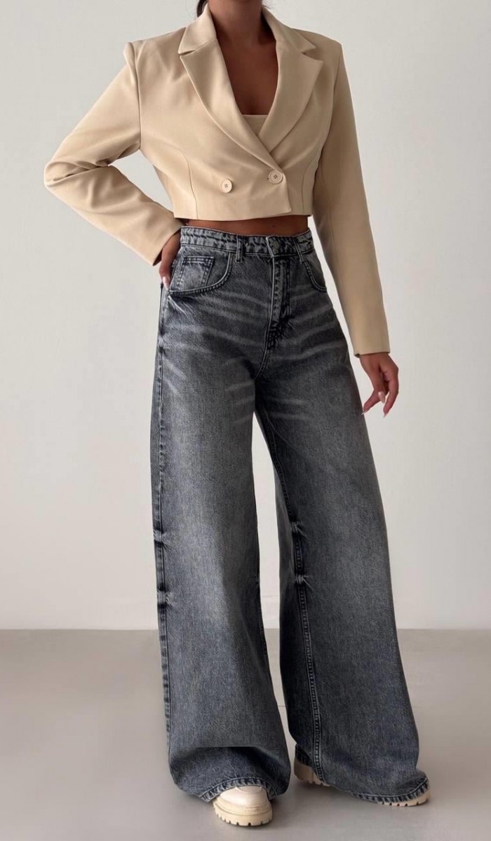 Yüksek Bel Bol Kesim Koyu Gri Wide Leg Jean Pantolon