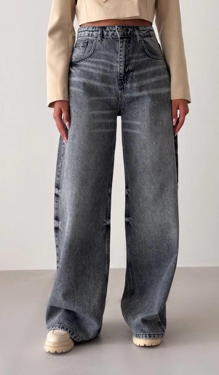 Yüksek Bel Bol Kesim Koyu Gri Wide Leg Jean Pantolon