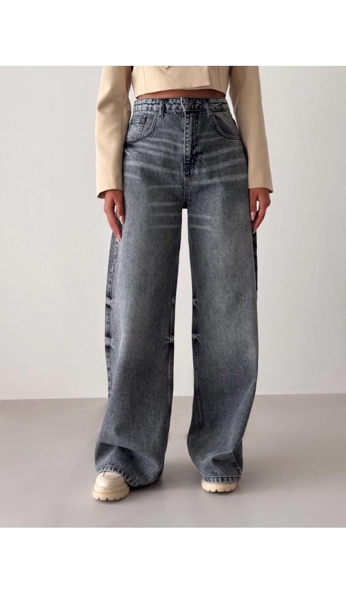 Yüksek Bel Bol Kesim Koyu Gri Wide Leg Jean Pantolon