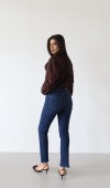 Yüksek Bel Paça Yırtmaç Püskül Detaylı Dark Blue Jean Pantolon