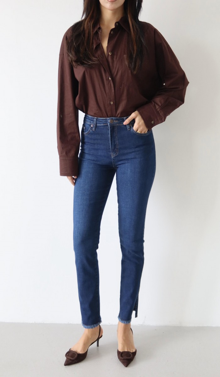 Yüksek Bel Paça Yırtmaç Püskül Detaylı Dark Blue Jean Pantolon