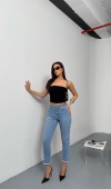Yüksek Bel Paça Kesik Püskül Detaylı Light Blue Jean Pantolon