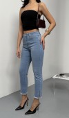 Yüksek Bel Paça Kesik Püskül Detaylı Light Blue Jean Pantolon