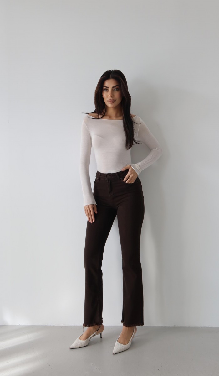 Yüksek Bel Paça Püskül Detaylı Dark Kahve Jean Pantolon