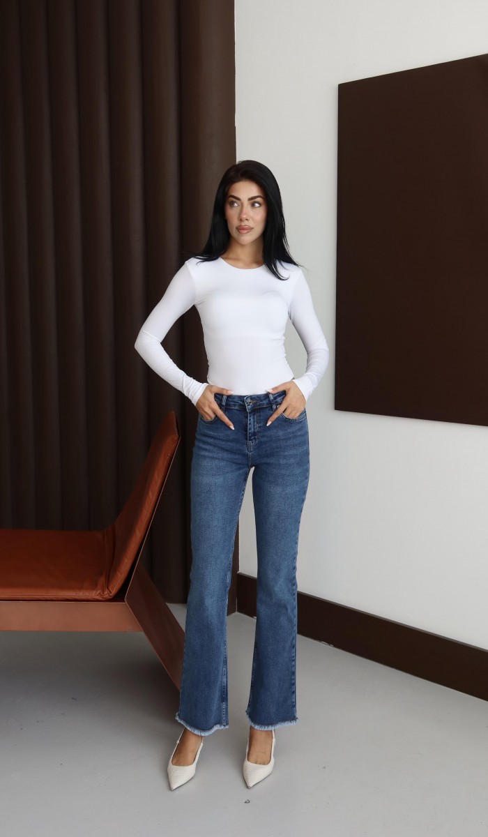 Yüksek Bel Paça Püskül Detaylı Blue Jean Pantolon