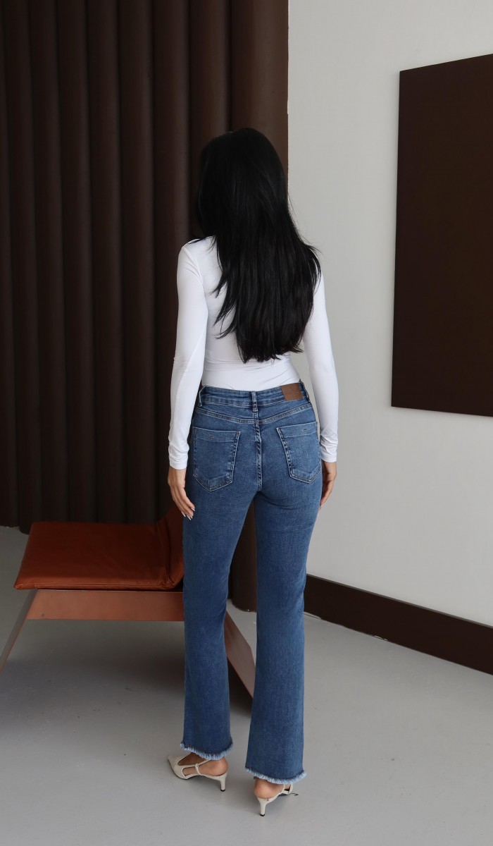 Yüksek Bel Paça Püskül Detaylı Blue Jean Pantolon
