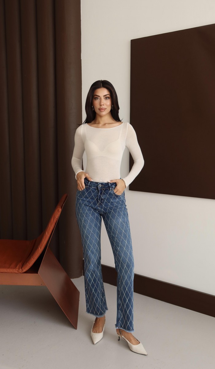 Yüksek Bel Paça Püskül Detaylı Taş İşlemeli Blue Taşlı Jean Pantolon