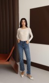 Yüksek Bel Paça Püskül Detaylı Taş İşlemeli Blue Taşlı Jean Pantolon
