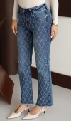 Yüksek Bel Paça Püskül Detaylı Taş İşlemeli Blue Taşlı Jean Pantolon