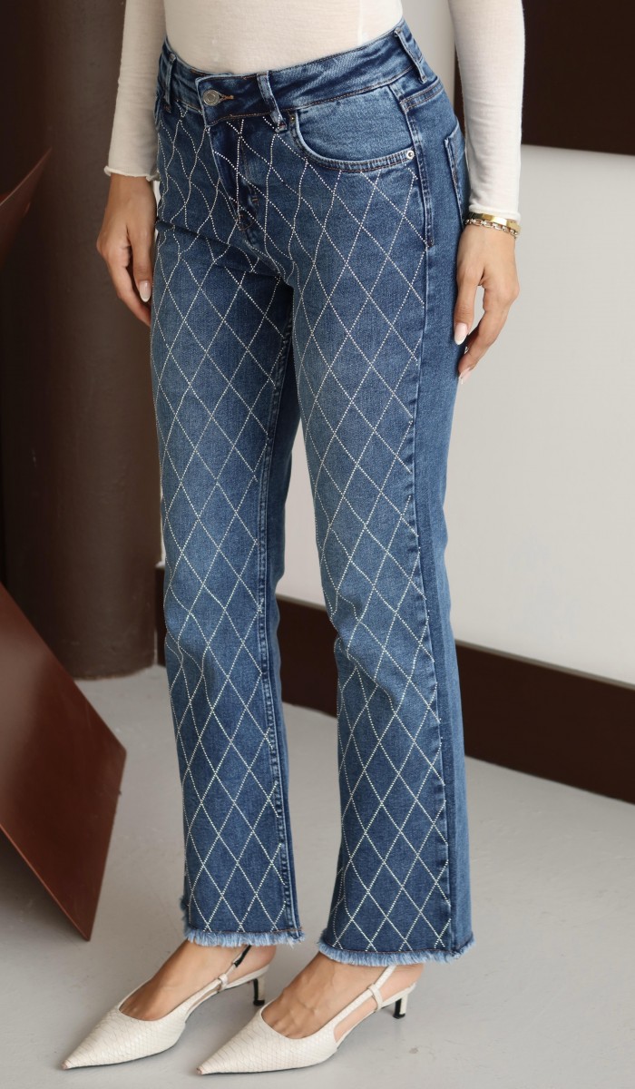 Yüksek Bel Paça Püskül Detaylı Taş İşlemeli Blue Taşlı Jean Pantolon Yüksek Bel Paça Püskül Detaylı Taş İşlemeli Blue Taşlı Jean Pantolon