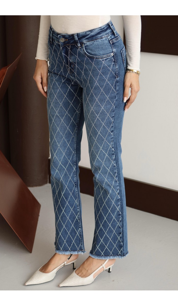 Yüksek Bel Paça Püskül Detaylı Taş İşlemeli Blue Taşlı Jean Pantolon