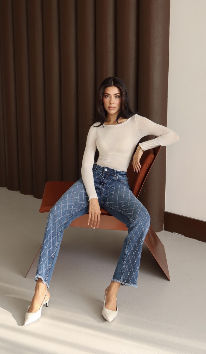 Yüksek Bel Paça Püskül Detaylı Taş İşlemeli Blue Taşlı Jean Pantolon