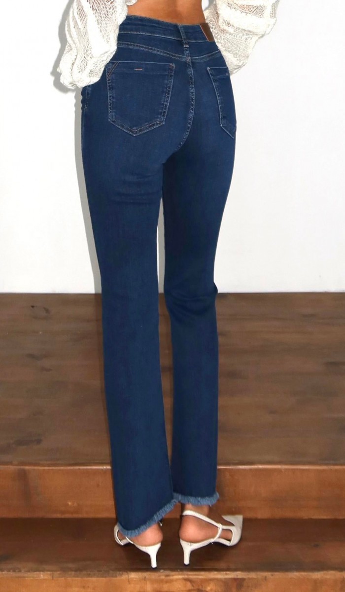 Yüksek Bel Paça Püskül Detaylı Taş İşlemeli Dark Blue Jean Pantolon