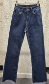 Yüksek Bel Paça Püskül Detaylı Taş İşlemeli Dark Blue Jean Pantolon