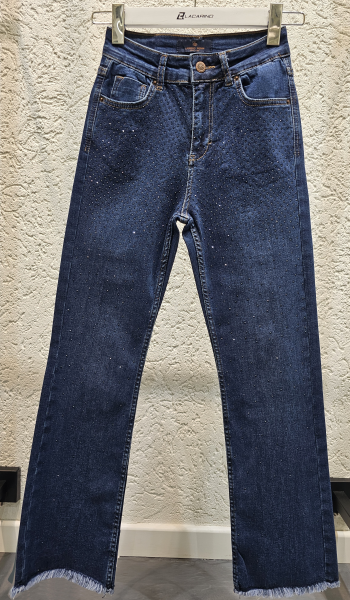 Yüksek Bel Paça Püskül Detaylı Taş İşlemeli Dark Blue Jean Pantolon