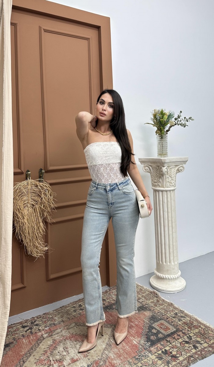 Yüksek Bel Paça Püskül Detaylı Light Blue Tint Jean Pantolon