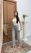 Yüksek Bel Paça Püskül Detaylı Light Blue Tint Jean Pantolon