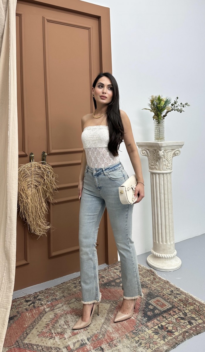 Yüksek Bel Paça Püskül Detaylı Light Blue Tint Jean Pantolon