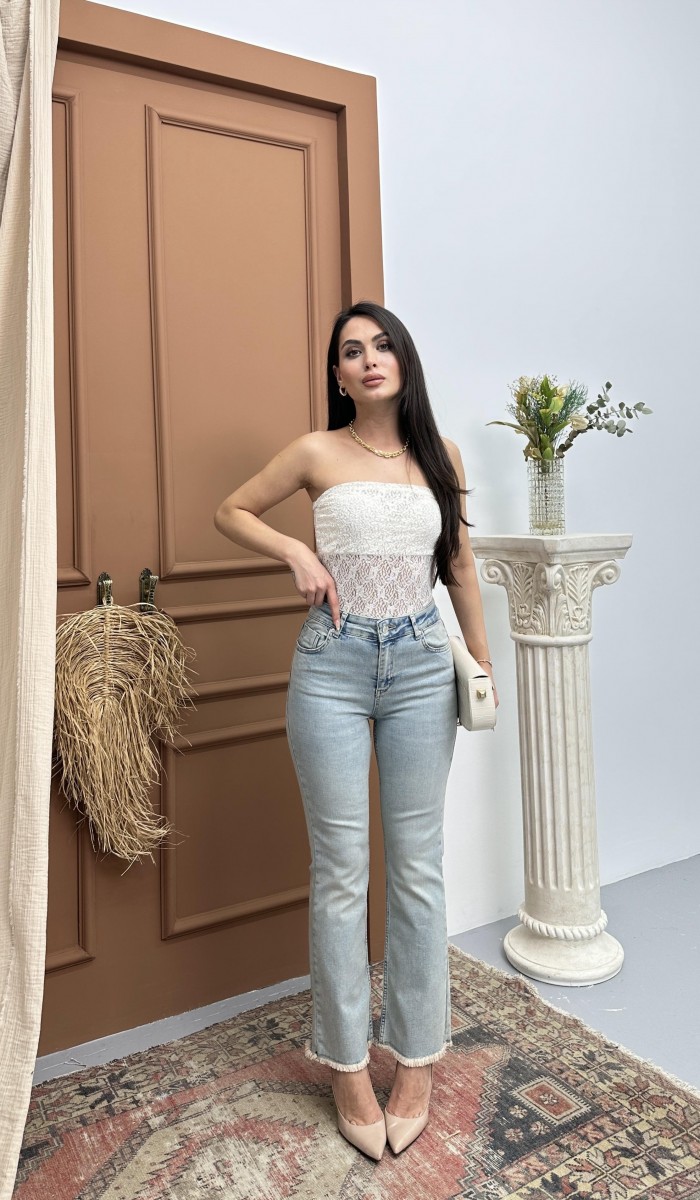Yüksek Bel Paça Püskül Detaylı Light Blue Tint Jean Pantolon