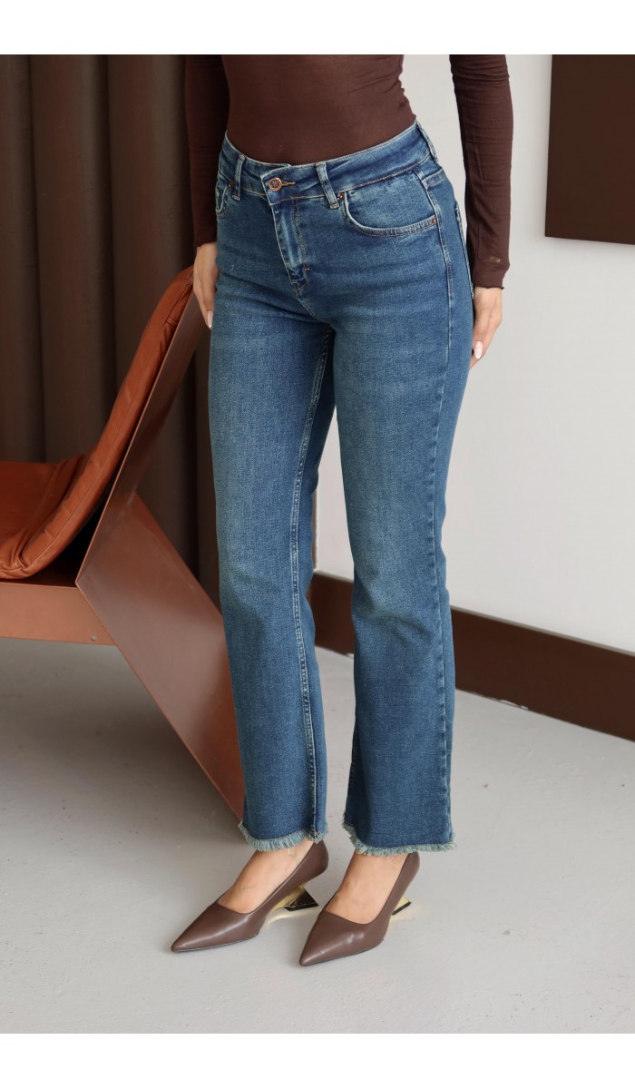 Yüksek Bel Paça Püskül Detaylı Yeşil Tint Jean Pantolon