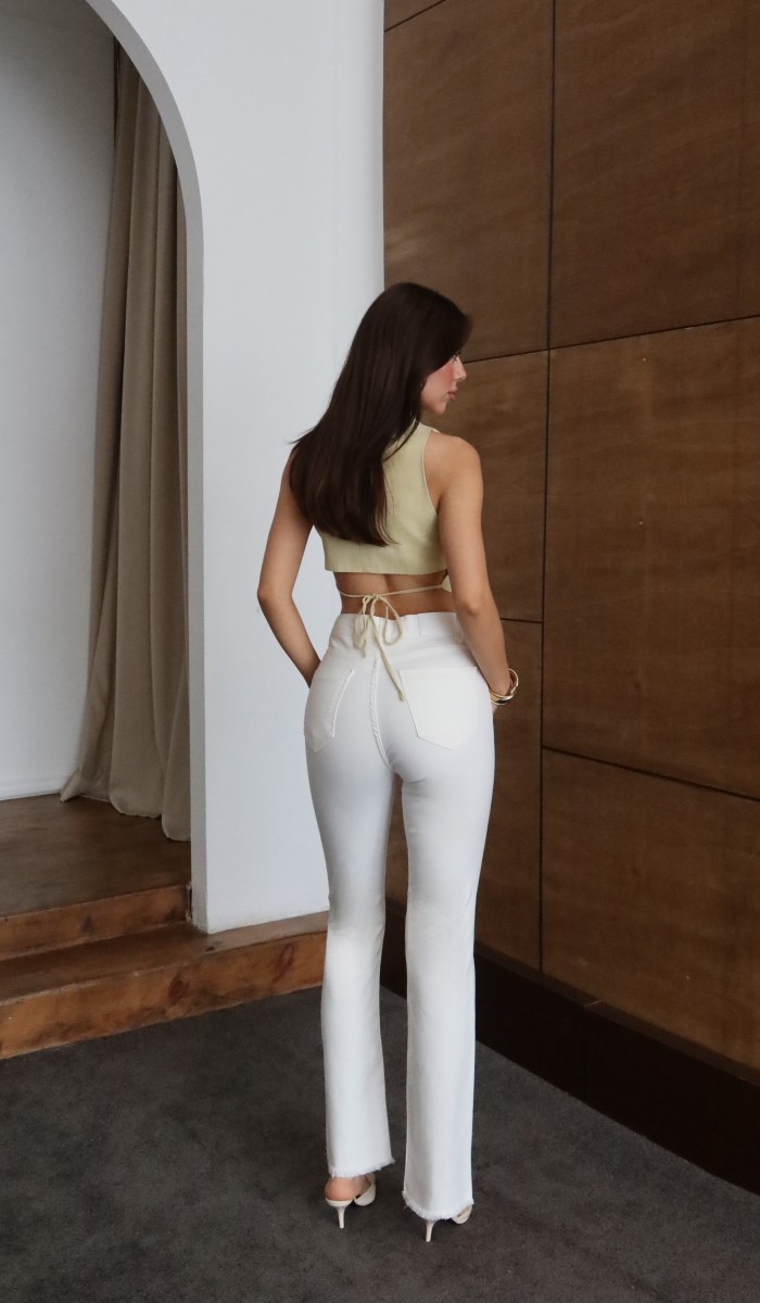 Yüksek Bel Paça Püskül Detaylı Ek Beden Beyaz Jean Pantolon