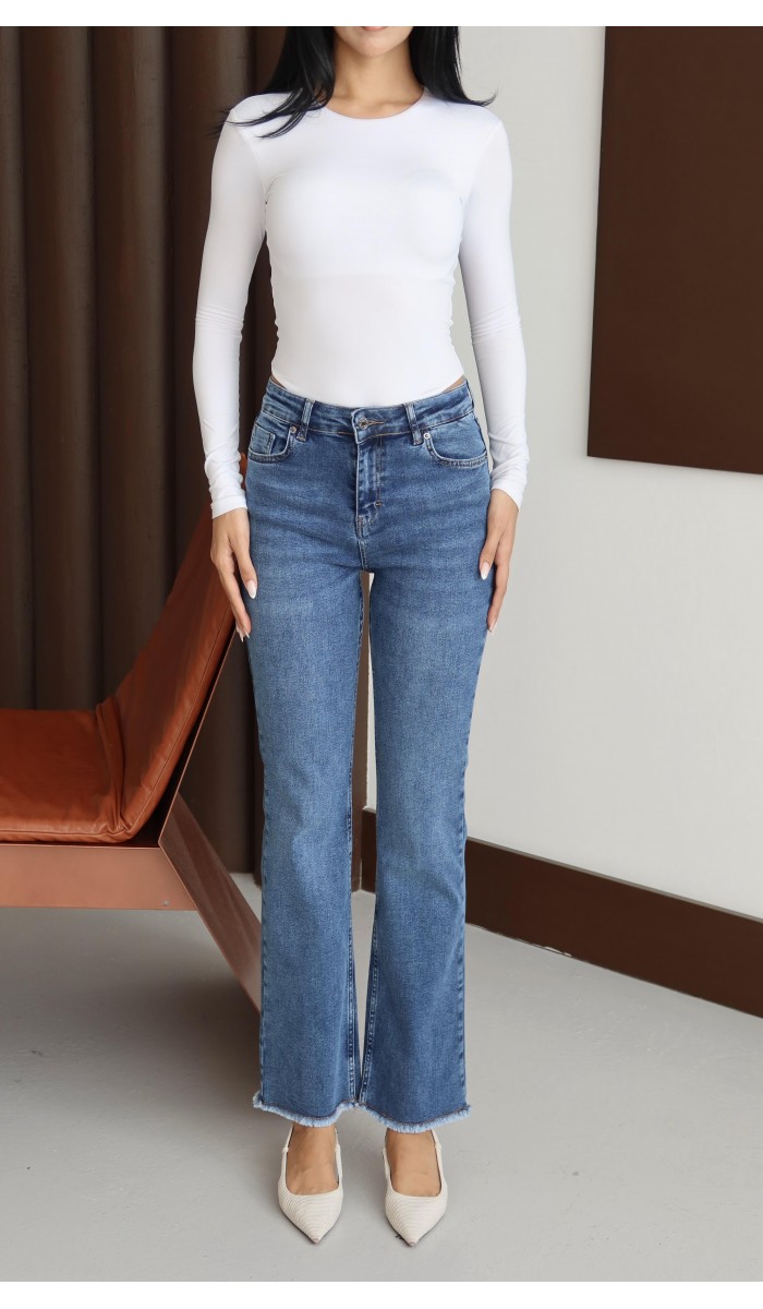 Yüksek Bel Paça Püskül Detaylı Ara Beden Blue Jean Pantolon