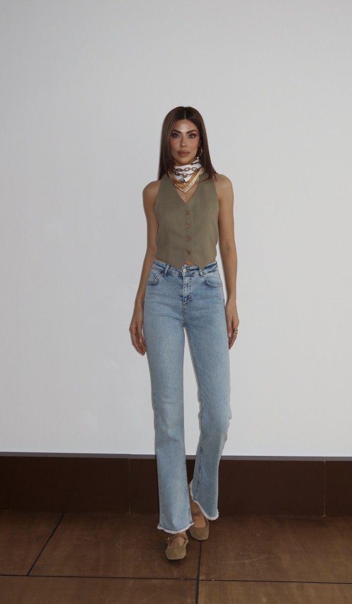 Yüksek Bel Paça Püskül Detaylı Ek Beden Light Blue Jean Pantolon