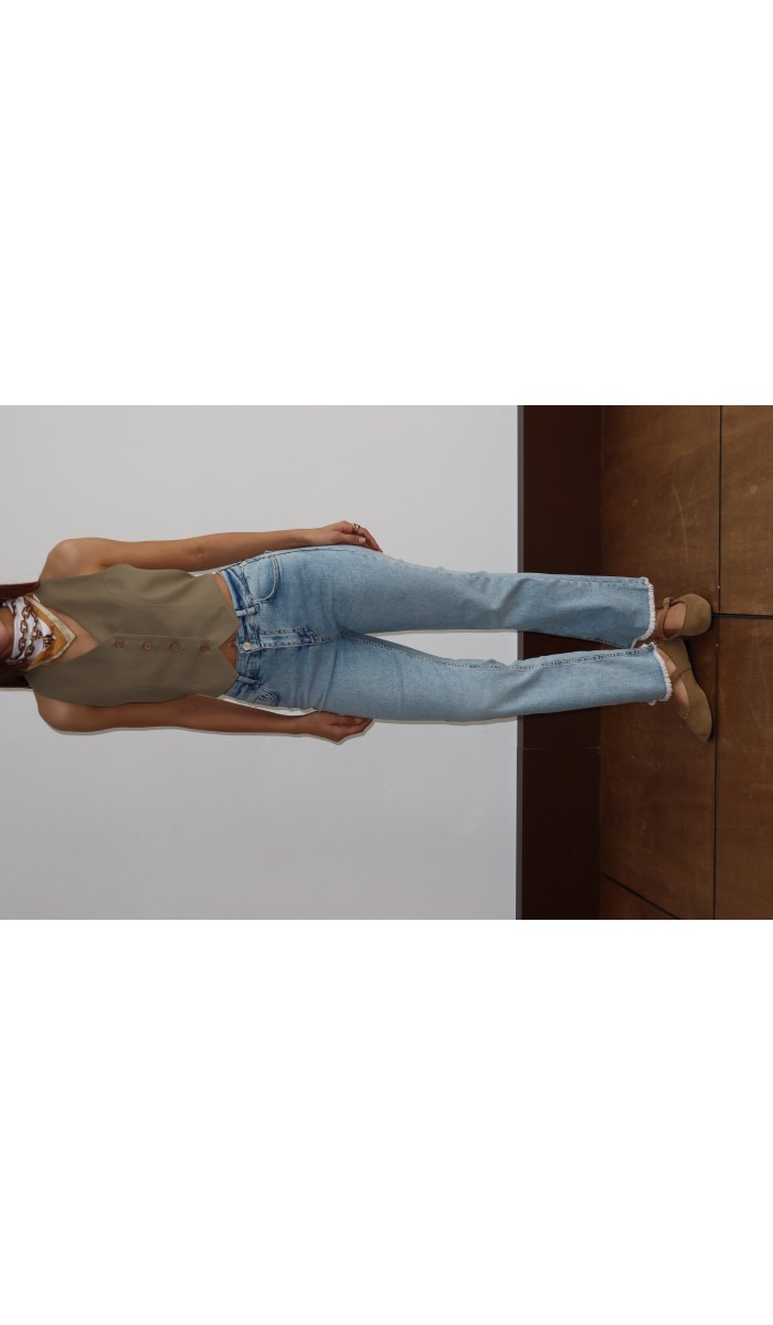 Yüksek Bel Paça Püskül Detaylı Ek Beden Light Blue Jean Pantolon