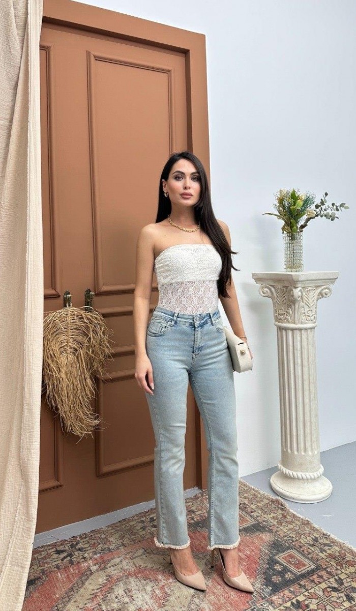 Yüksek Bel Paça Püskül Detaylı Ek Beden Light Blue Tint Jean Pantolon