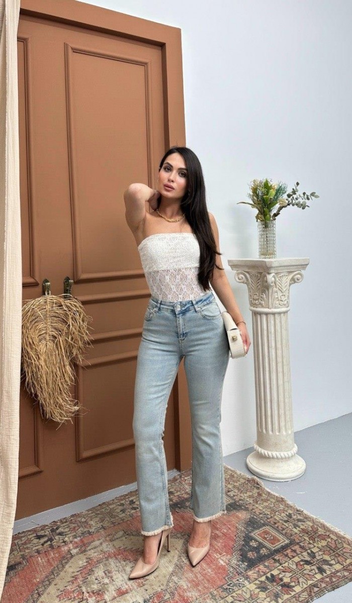 Yüksek Bel Paça Püskül Detaylı Ek Beden Light Blue Tint Jean Pantolon