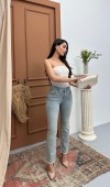 Yüksek Bel Paça Püskül Detaylı Ek Beden Light Blue Tint Jean Pantolon