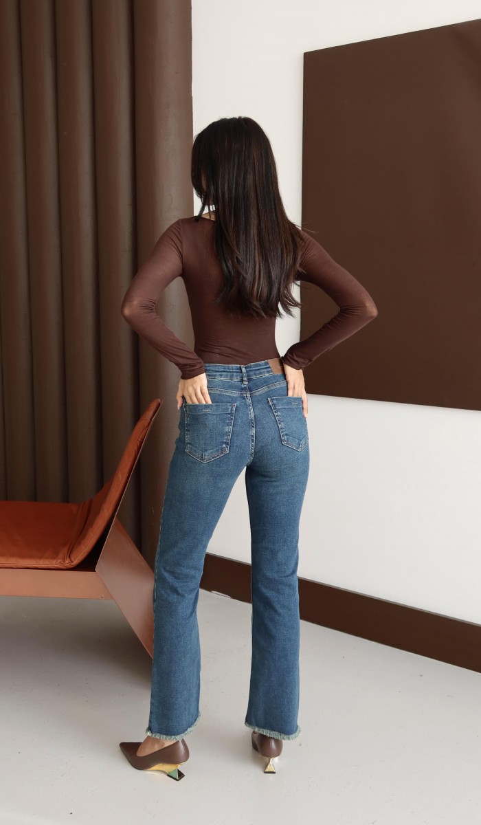 Yüksek Bel Paça Püskül Detaylı Ara Beden Yeşil Tint Jean Pantolon