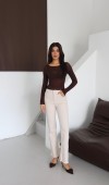 Yüksek Bel Bilek Boy Paça Püskül Detaylı Bej Jean Pantolon