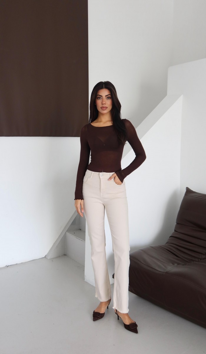 Yüksek Bel Bilek Boy Paça Püskül Detaylı Bej Jean Pantolon