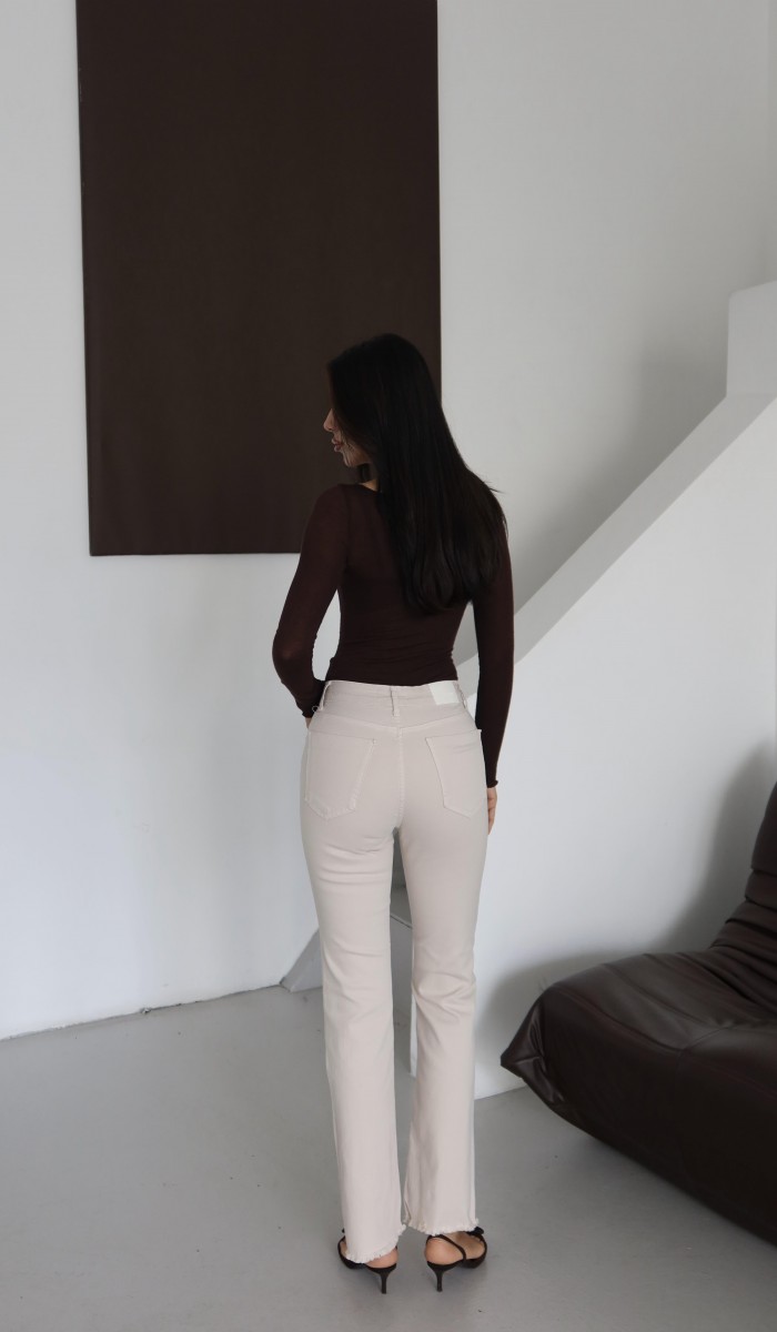 Yüksek Bel Bilek Boy Paça Püskül Detaylı Bej Jean Pantolon