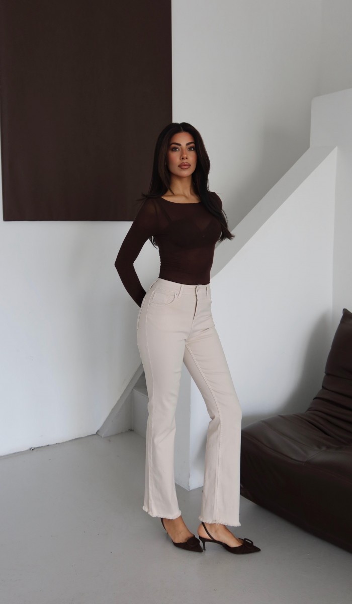 Yüksek Bel Bilek Boy Paça Püskül Detaylı Bej Jean Pantolon