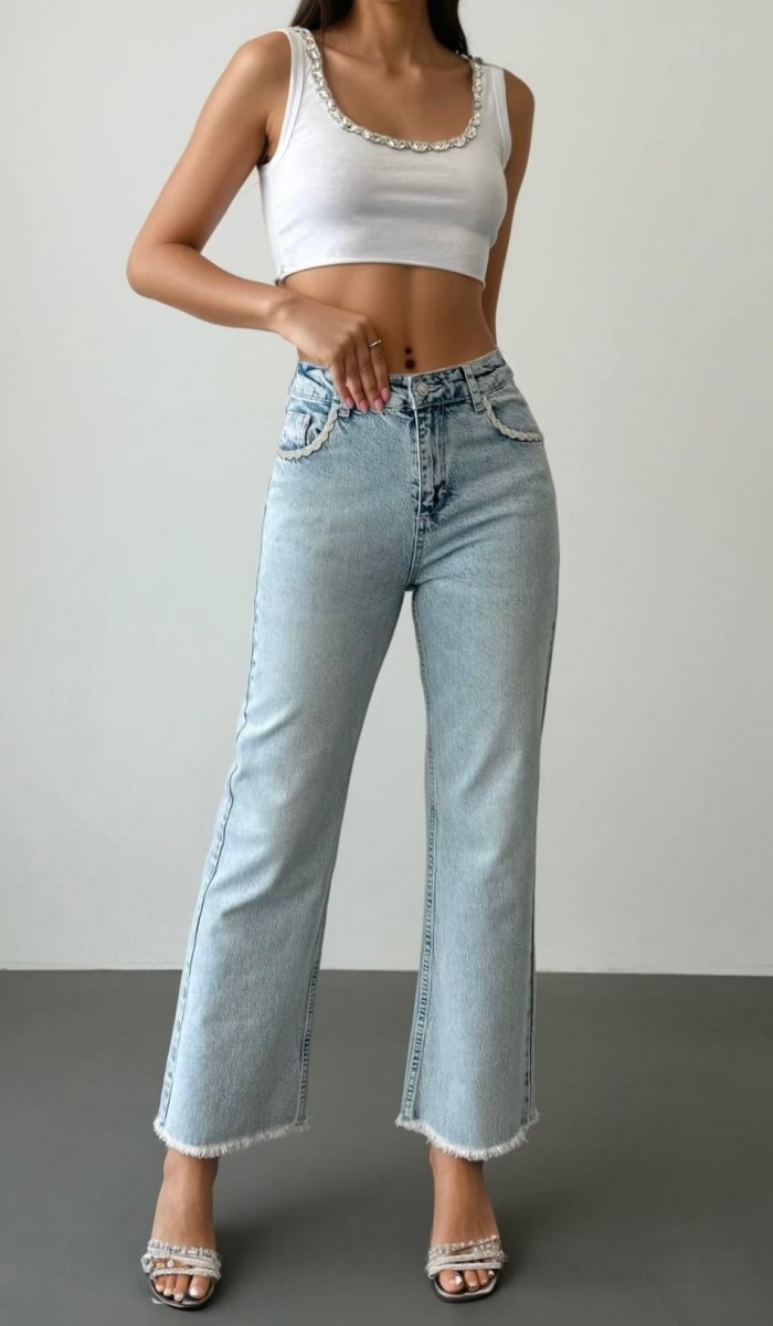 Yüksek Bel Ön Cep Taş İşleme Detaylı Light Blue Jean Pantolon