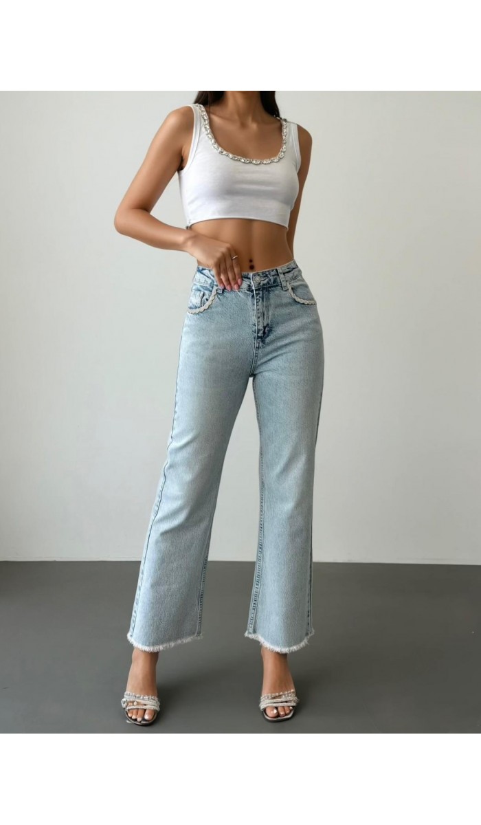 Yüksek Bel Ön Cep Taş İşleme Detaylı Light Blue Jean Pantolon