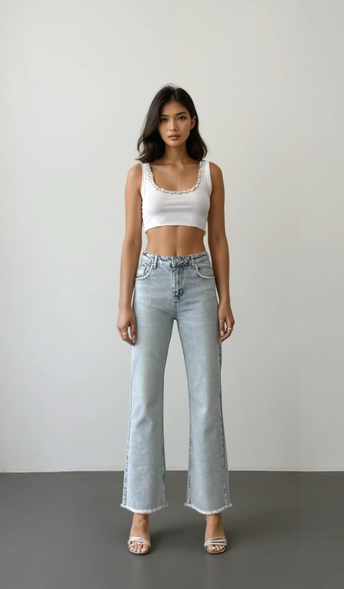 Yüksek Bel Ön Cep Taş İşleme Detaylı Light Blue Jean Pantolon