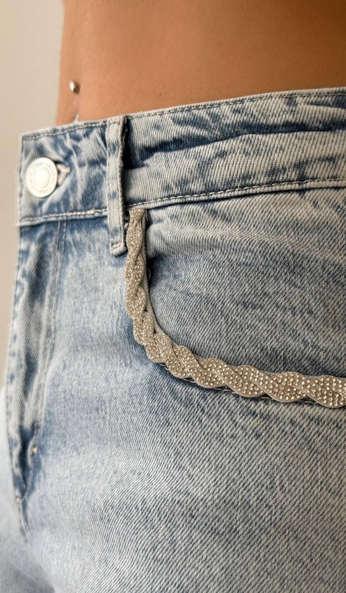 Yüksek Bel Ön Cep Taş İşleme Detaylı Light Blue Jean Pantolon