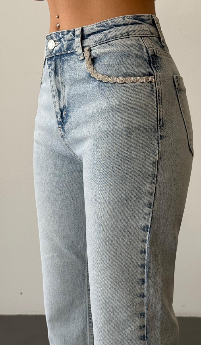 Yüksek Bel Ön Cep Taş İşleme Detaylı Light Blue Jean Pantolon