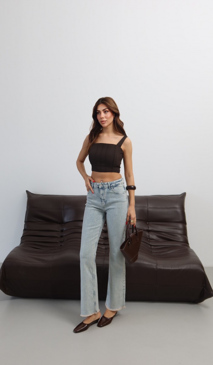 Yüksek Bel Paça Pis Dikiş Detaylı Light Blue Tint Mini Flare Jean Pantolon
