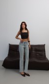 Yüksek Bel Paça Pis Dikiş Detaylı Light Blue Tint Mini Flare Jean Pantolon