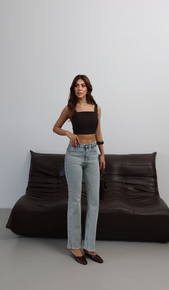 Yüksek Bel Paça Pis Dikiş Detaylı Light Blue Tint Mini Flare Jean Pantolon